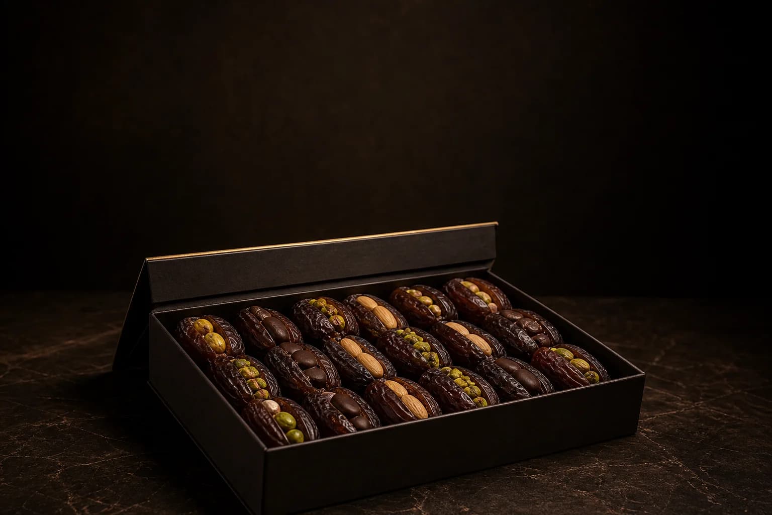 LUHMIA filled dates resting in an open dark gift box under a single warm light