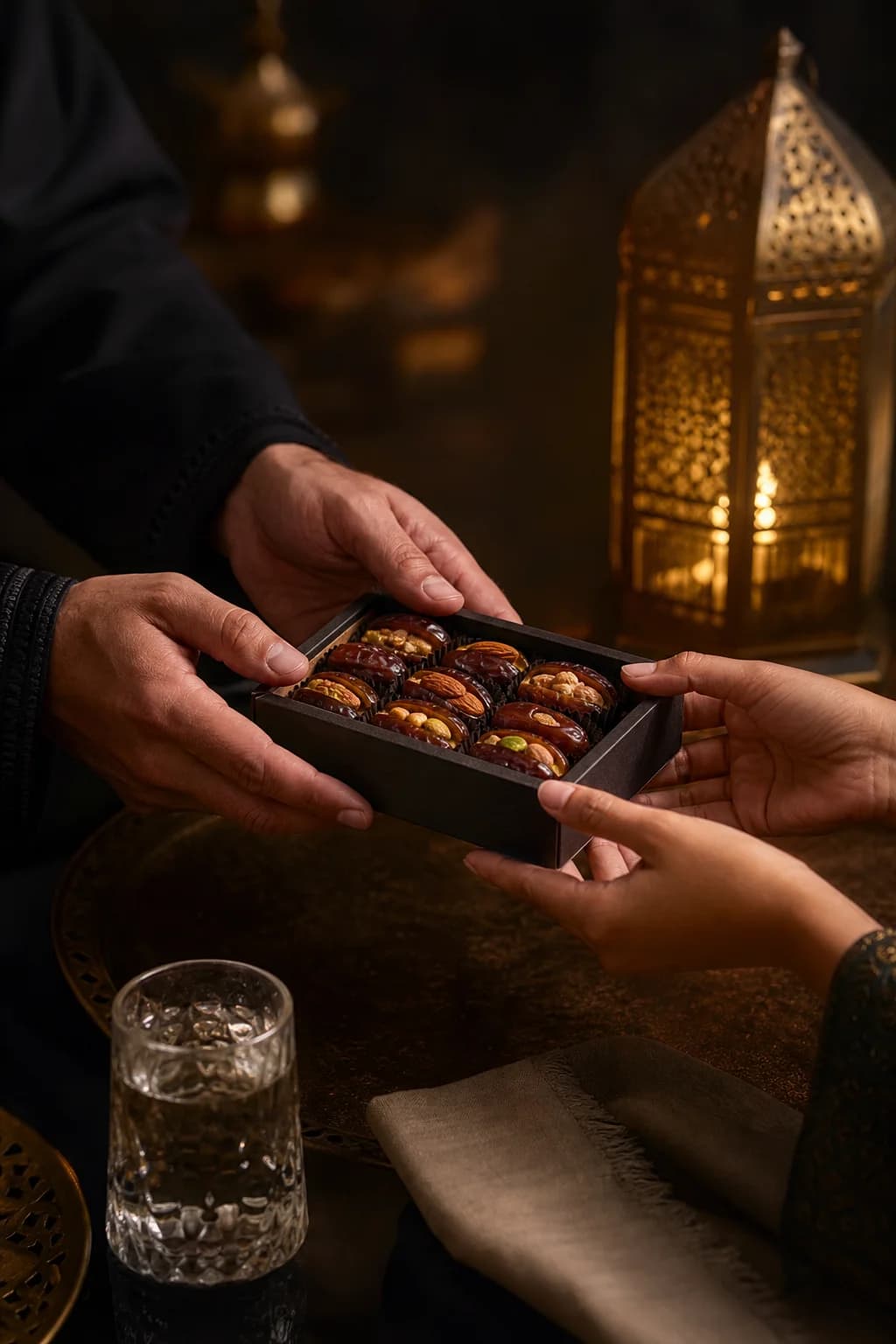 Hands offering a box of LUHMIA dates by lantern light