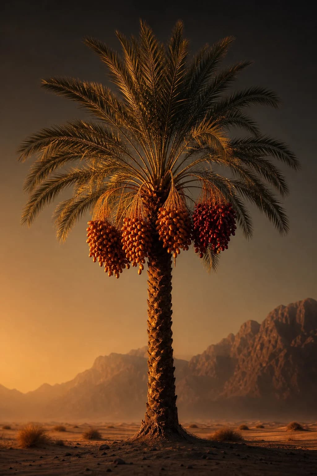 A lone date palm heavy with ripe fruit at first light