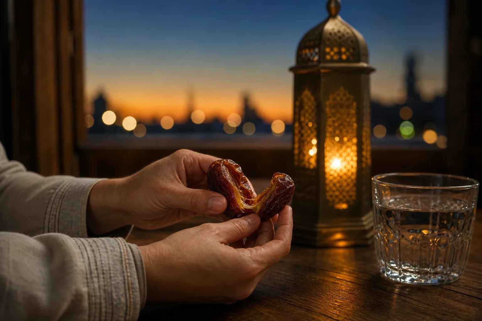 Hands breaking a date at sunset beside a glass of water and a glowing lantern