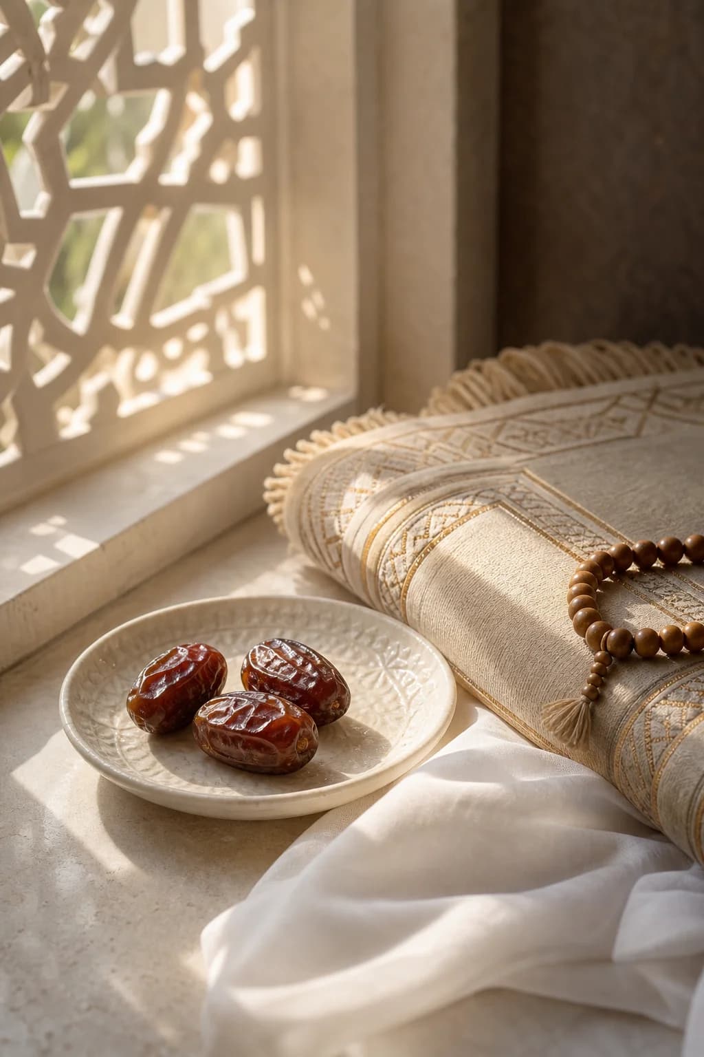 Three dates on an ivory plate beside a folded prayer rug in the light of Eid morning