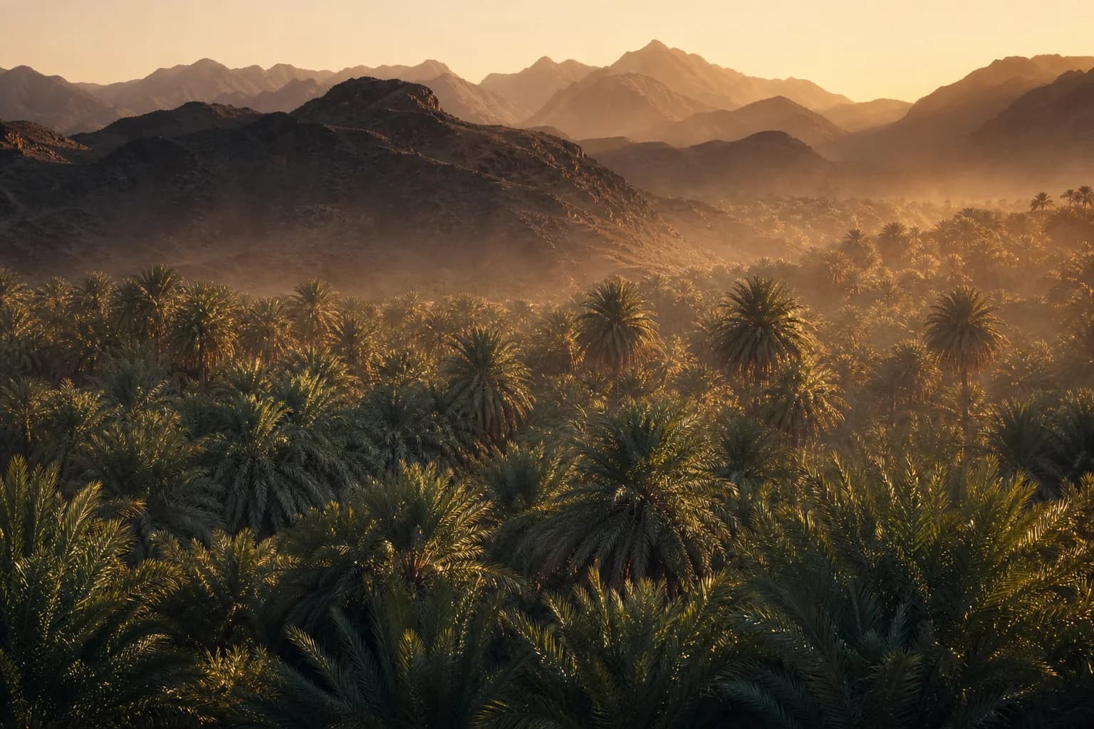 Palm orchards of an oasis valley at golden hour beneath dark volcanic hills