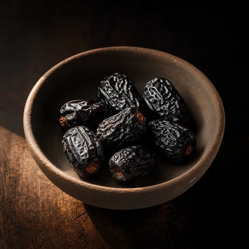 Seven dark Ajwa dates in a clay bowl, lit by a single shaft of light