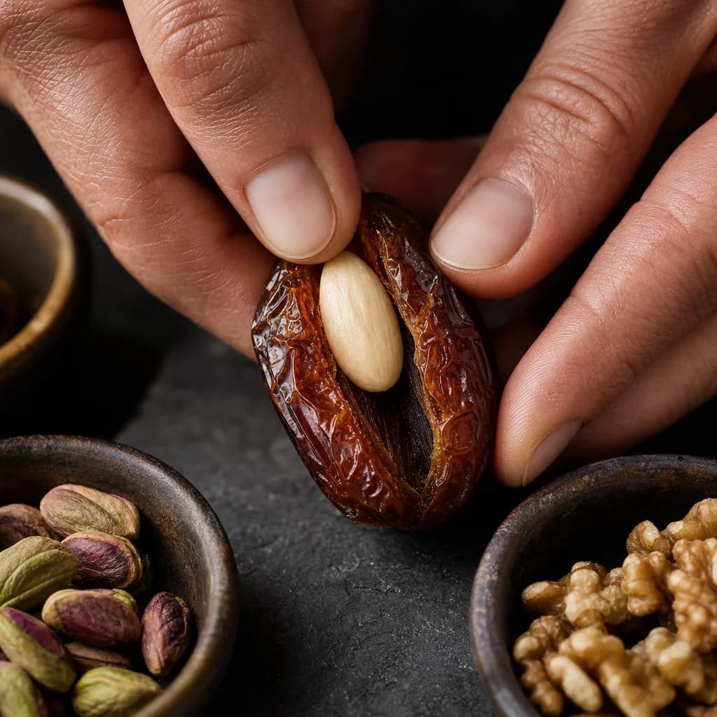 Hands pressing a whole almond into an opened date